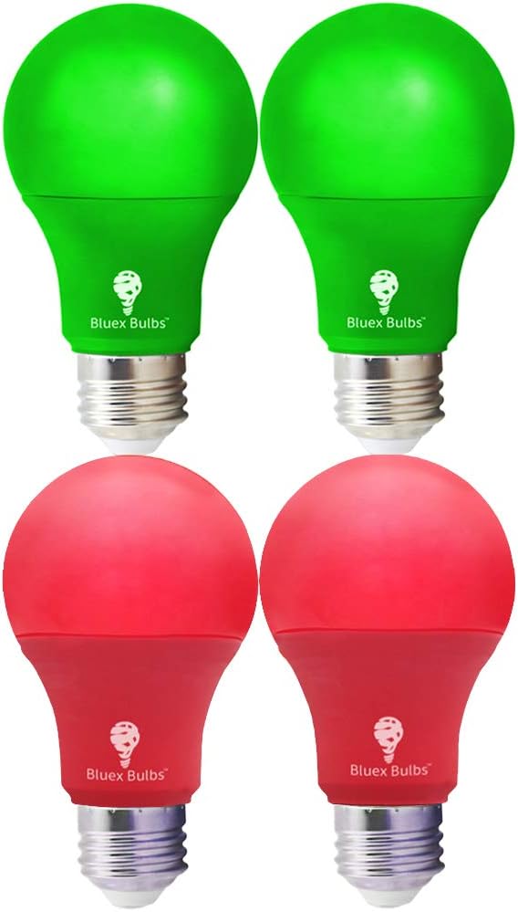 4 Pack LED Red and Green Light Bulbs - 120V E26 Base 9 Watt (60-watt Replacement) - Red and Green Bulbs for Party Decoration, Porch, Home Lighting, Christmas 4 Pack 4 Pack Green Red