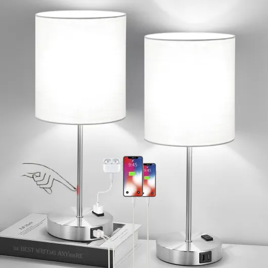 𝟮𝟬𝟮𝟯 𝗡𝗘𝗪 Set of 2 Touch White Table Lamps with 2 USB Ports & AC Outlet, 3-Way Dimmable Bedside Nightstand Lamps for Bedroom Living Room Nursery , 800 Lumens 5000K Daylight Bulbs Included (2 Pack)White & Brushed Nickel(Base)-5000K Bulbs Included