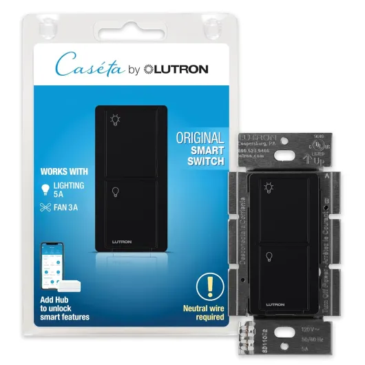Caseta Original Smart Light Switch (Lutron Smart Hub Required), for Home, LED Lights, and Fans, 6 Amp, Single-Pole/3-Way, Neutral Required, PD-6ANS-BL, Black Black 1 Pack Smart Switch