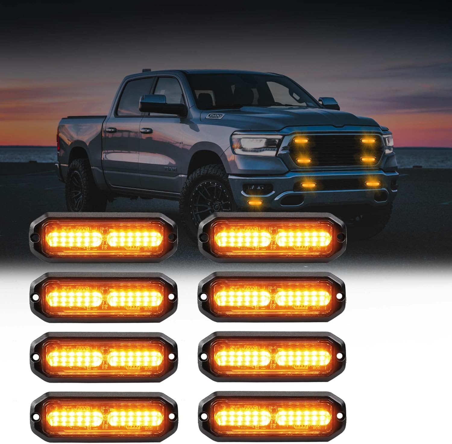 Amber led strobe lights for trucks 8pcs 12-LED Surface Mount Flashing Strobe Lights kit for Trucks Car Vehicles LED Mini Grille Grill Strobe Light Head Emergency Hazard Warning lights