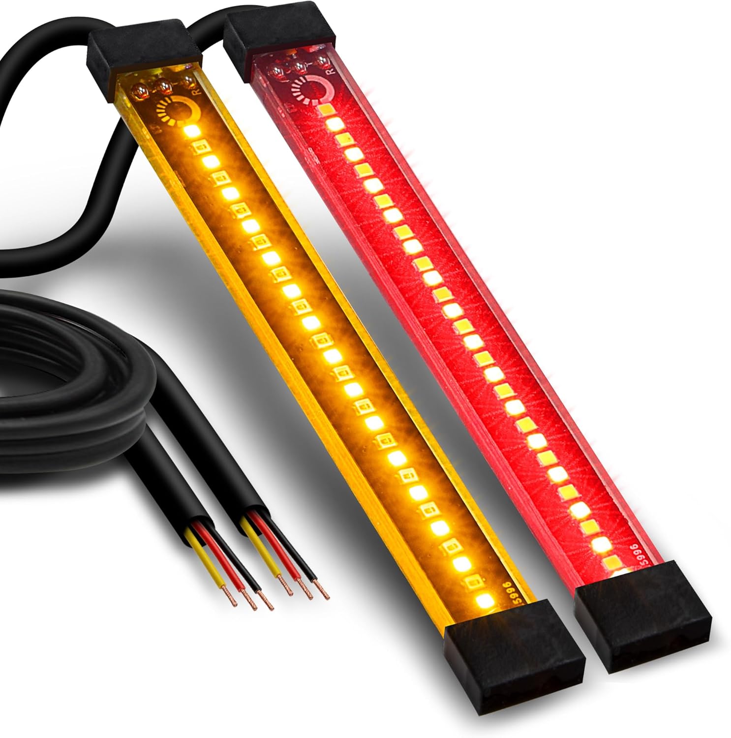 TRUE MODS 2pc 5" Rear LED Motorcycle Red Running Brake & Amber Turn Signal Tail Light Strip Kit for License Plate [Waterproof] Universal Self Adhesive Surface Mount Flexible Rear Lamp for Bike ATV UTV 2pc 5" Tail Light w/ Amber Turn