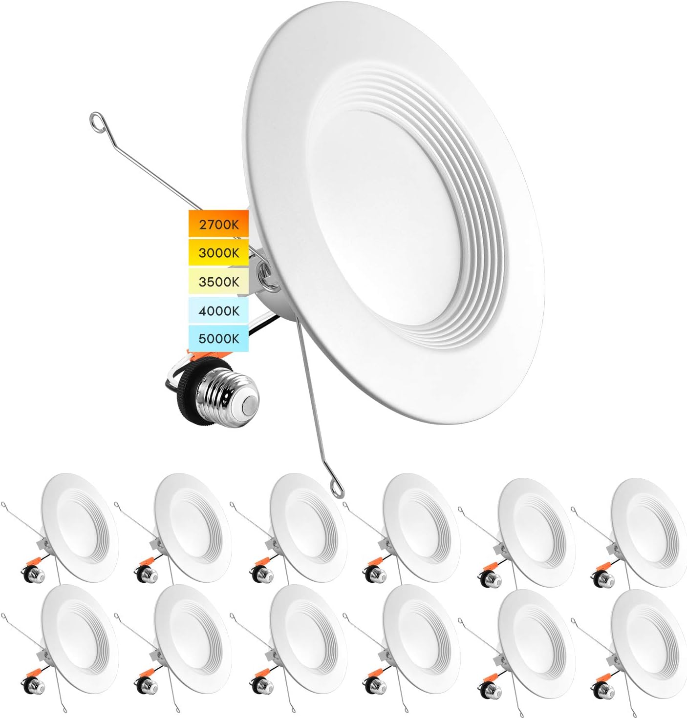 5/6 Inch LED Recessed Retrofit Downlight, 14W=90W, CCT Color Selectable 2700K - 3000K - 3500K - 4000K - 5000K, Dimmable Can Light, 1100 Lumens, Wet Rated, Energy Star, Baffle Trim (12 Pack) 12 Count (Pack of 1)