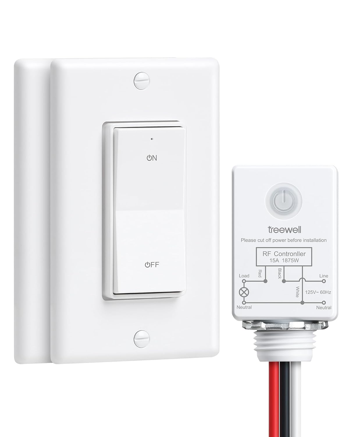 3 Way Wireless Light Switch and Receiver Kit, Decorator Rocker Wall Switch, 15A High Power, 200FT Long RF Range, No in-Wall Wiring, Programmable & Expandable for Ceiling Light, Fans, Lamps 2 Wall Switches+1 Receiver