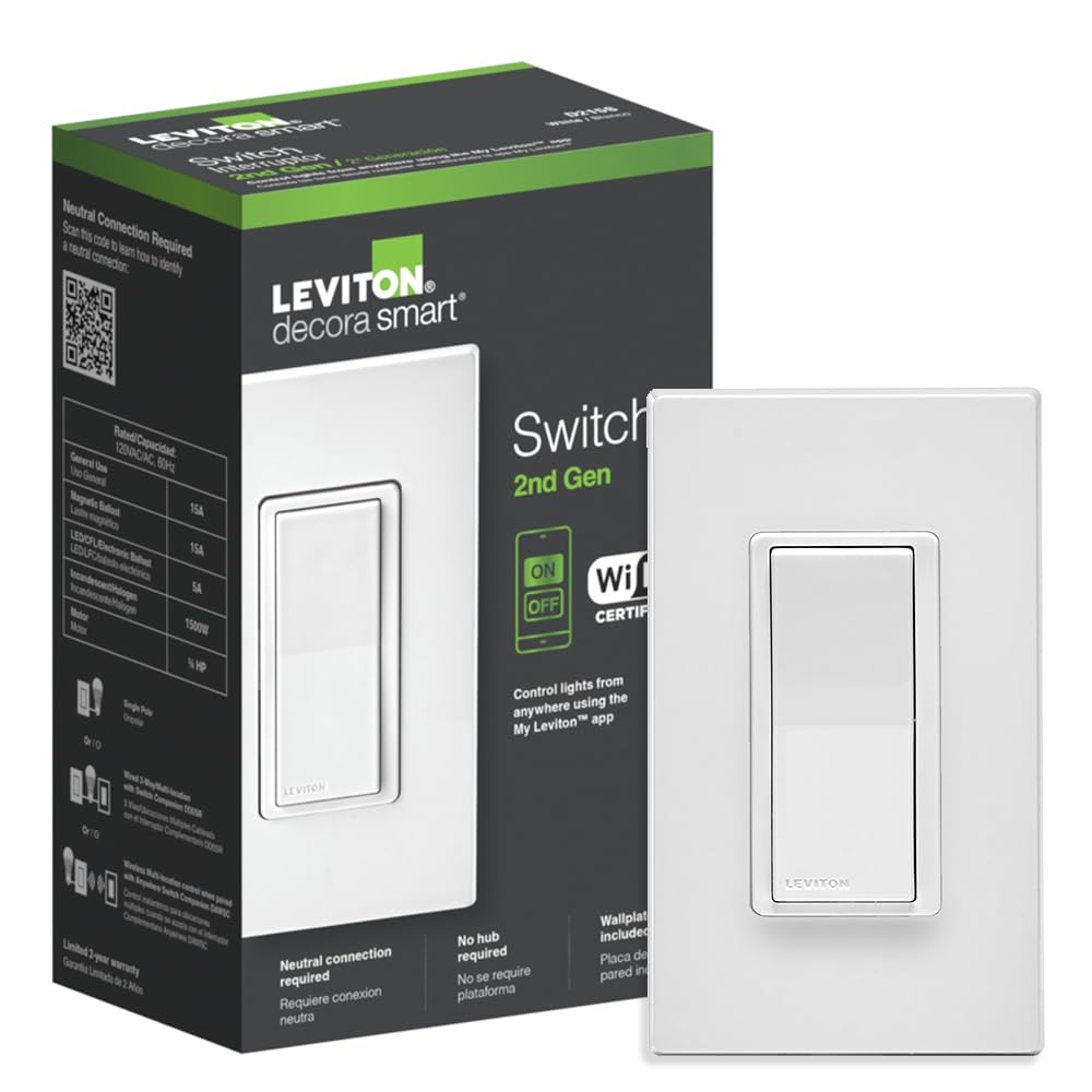 Decora Smart Switch, Wi-Fi 2nd Gen, Neutral Wire Required, Works with Matter, My Leviton, Alexa, Google Assistant, Apple Home/Siri & Wired or Wire-Free 3-Way, D215S-1RW, White