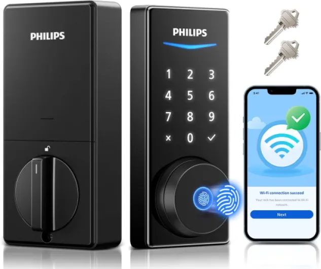 Built-in WiFi Smart Lock, Keyless Entry Door Lock with App, Touchscreen, Indicator Light, Fingerprint Door Lock — Compatible with Alexa & Google, Splash-Proof Design, Includes 8 Batteries Matte Black