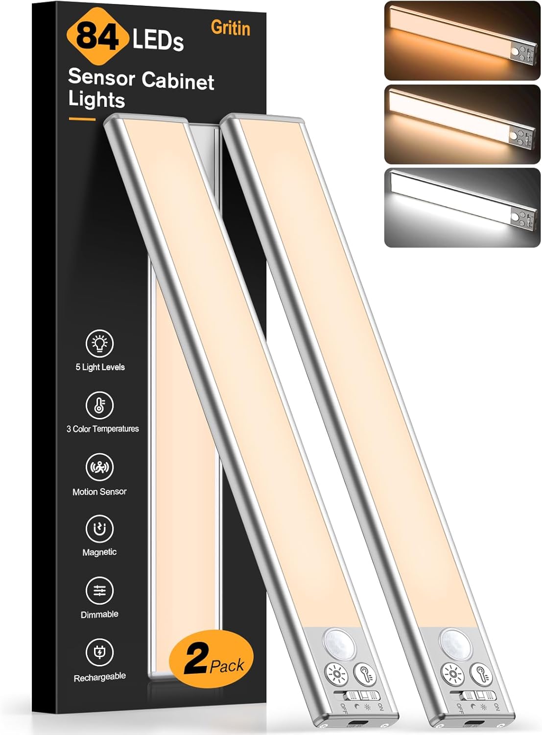 10.2inch Under Cabinet Lighting Rechargeable -84 LED Super Bright,3-Color& 5 Level Brightness,4 Modes,Motion Sensor,Long Lasting- Easy Installation Magnetic Under Cabinet Closet Lights -2 Pack Silver 10.2 inch