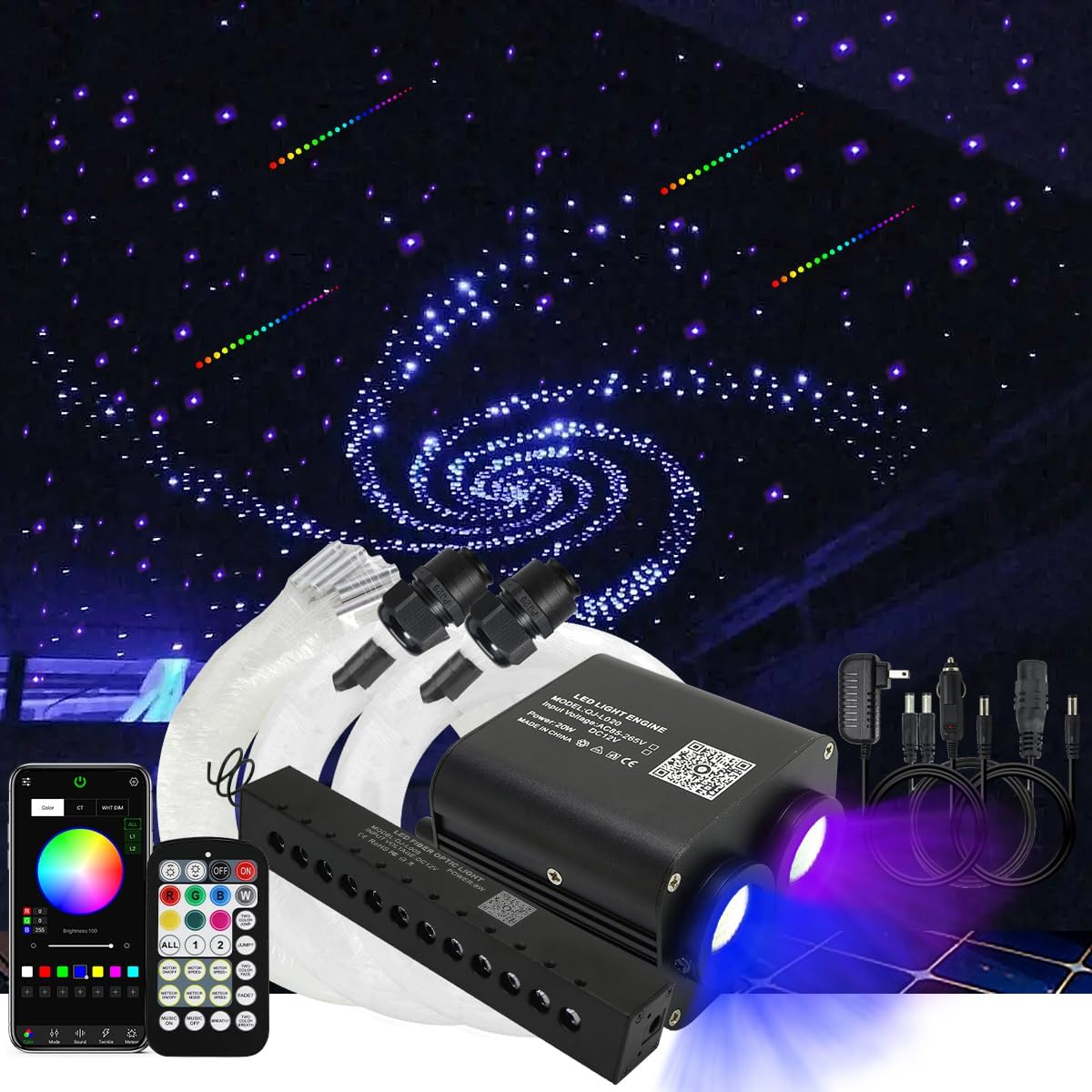 20W RGBW Twinkle APP Dual-Head Colorful Shooting Star Fiber Optic Lights, 1300pcs 0.03in 13.1ft Optical Fiber Star Ceiling Light Kit for Car Headliner Star/Home Colorful Meteor+1300pcs*0.03in*13.1ft