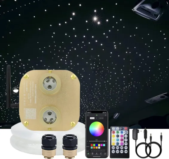 Fiber Optic Light Kit 20W RGBW Twinkle+APP+Sound Activated Dual-Head Fiber Optic Star Ceiling Light Total 620pcs of 9.8ft/3m Mixed Fiber Optic Strands for Car Headliner Star/Media Room 620pcs of 9.8ft*(0.03+0.04+0.06in)