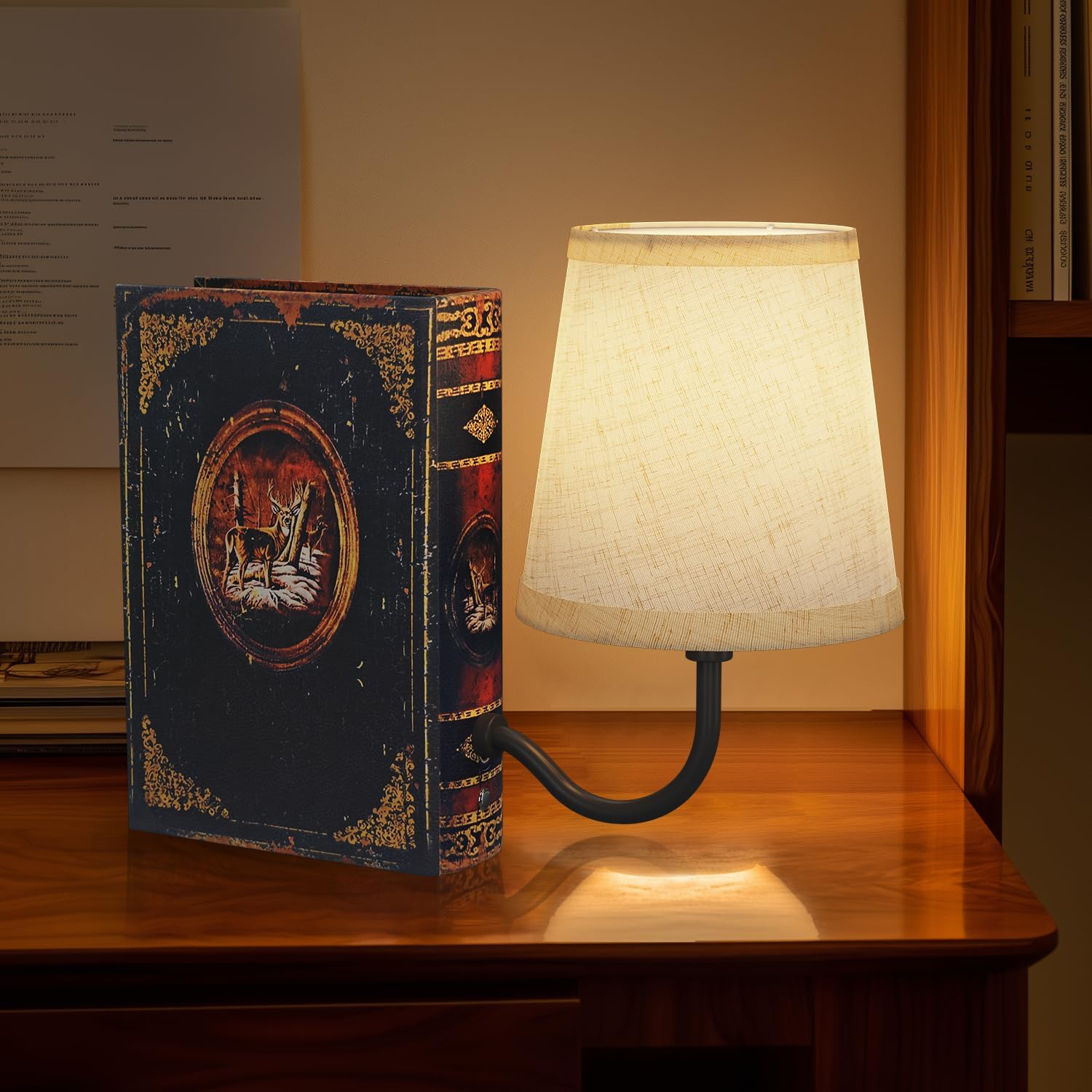 Vintage Bookshelf Lamp Rechargeable, Cordless Book Lamp with Linen Shade, Dimmable Touch Control Table Lamp, Modern Decorative Bookend, Bookshelf Lights for Office Home, Library, Study Deer