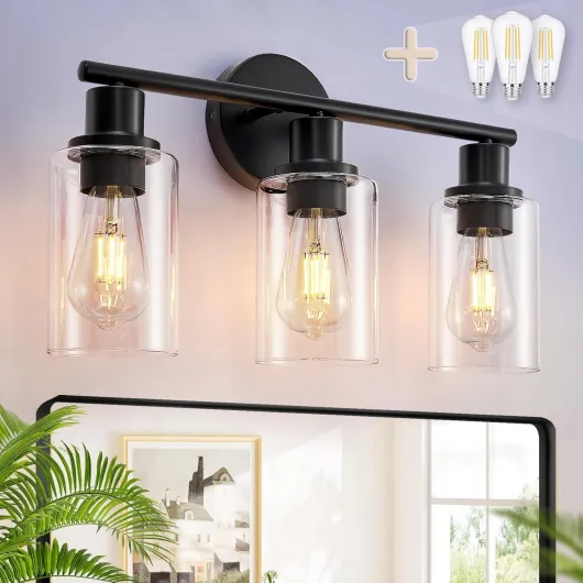 DLLT 3-Light Bathroom Light Fixtures: Black Modern Vanity Lights with 3 E26 Bulbs - Clear Glass Shade Bathroom Wall Lamp for Mirror Kitchen Living Room Hallway Cabinet Porch Matte Black 3-Light
