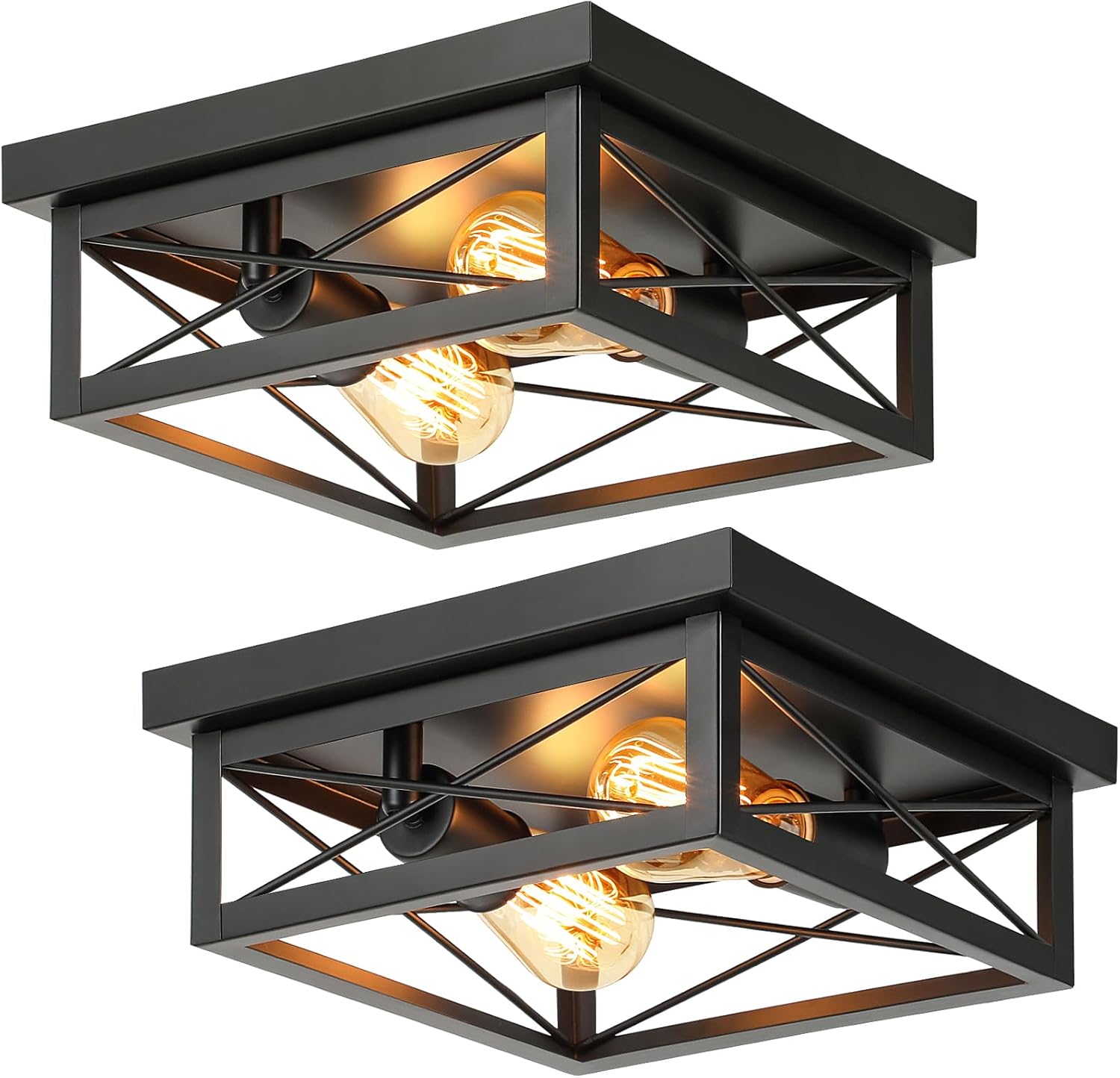 2-Light Industrial Square Flush Mount Ceiling Light, Farmhouse Ceiling Light Fixture for Kitchen, Modern Black Close to Ceiling Light for Hallway Bedroom Balcony Porch Stairway, E26, 2-Pack Black 2-Pack