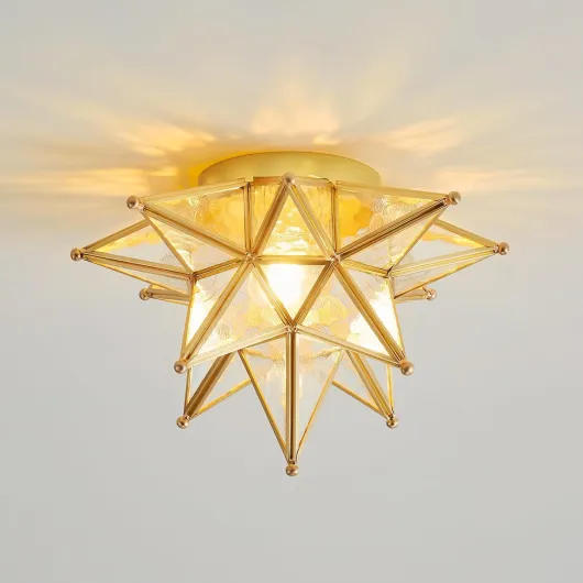 Gold Moravian Star Ceiling Light - 12.7 Inch Brass Vintage Flush Mount Lighting Fixtures with E26 Base - Art Deco Modern Moroccan Glass Fixture Lights for Hallway Kitchen Farmhouse Bedroom Entryway Brass(Gold)-Embossed Glass