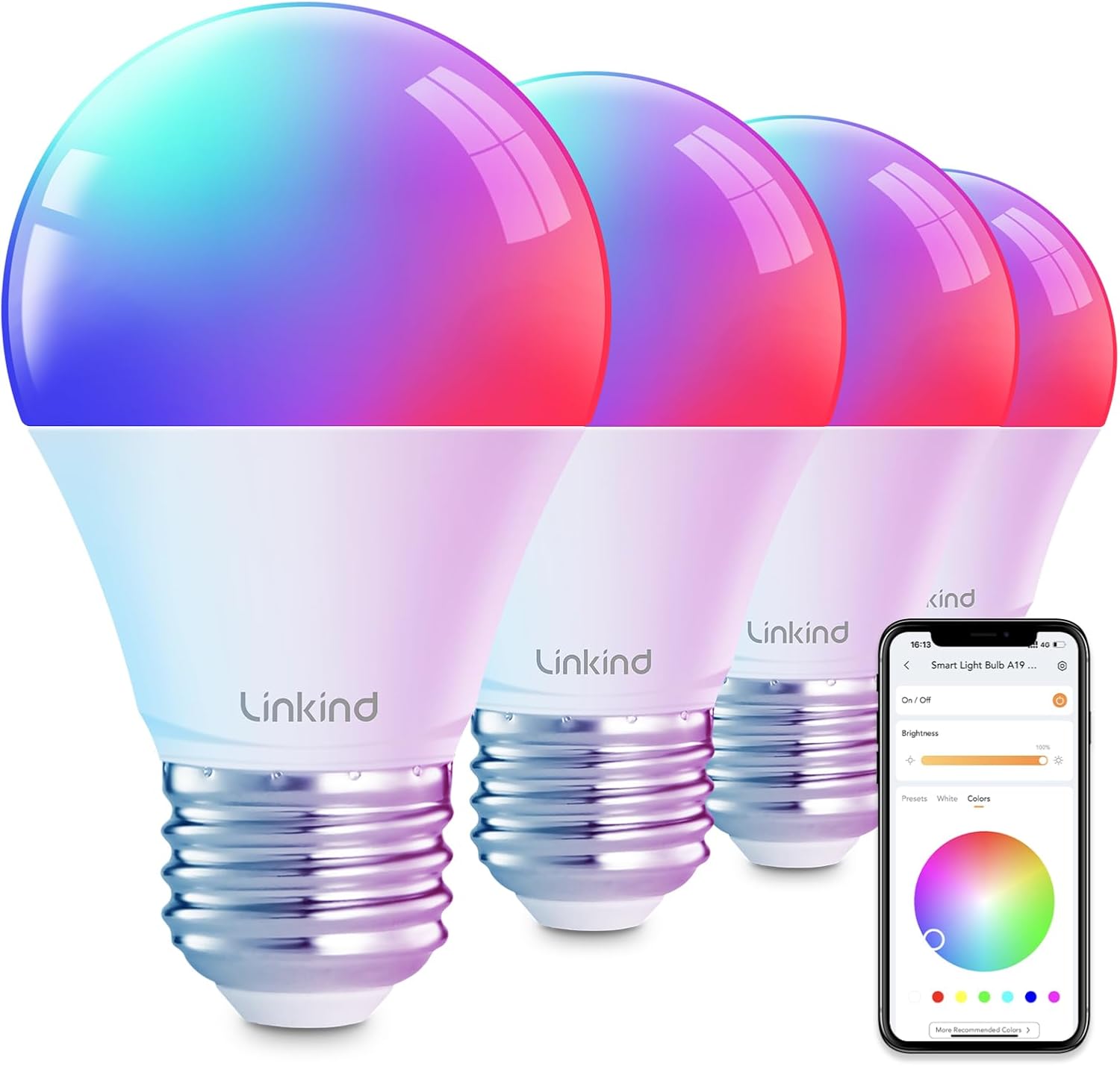Smart Light Bulbs, Smart Bulb That Work with Alexa & Google Home, LED Light Bulbs Color Changing, 104 Preset Scene, Music Sync, A19 E26 2.4GHz RGBTW WiFi Bluetooth Light Bulb 60W, 800LM, 4Pack 4 Count(Pack of 1)