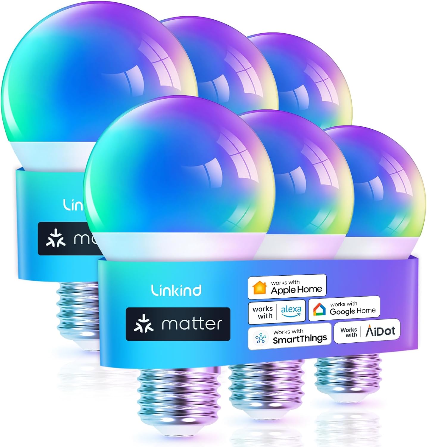 Matter Smart Light Bulb, WiFi Smart Bulbs, Work with Apple Home, Siri, Alexa, Google, SmartThings, RGBTW Color Changing Bulbs Mood Lighting, Music Sync, A19 E26 60W, 2.4Ghz WiFi 6 Pack 6 Pack Matter-enabled