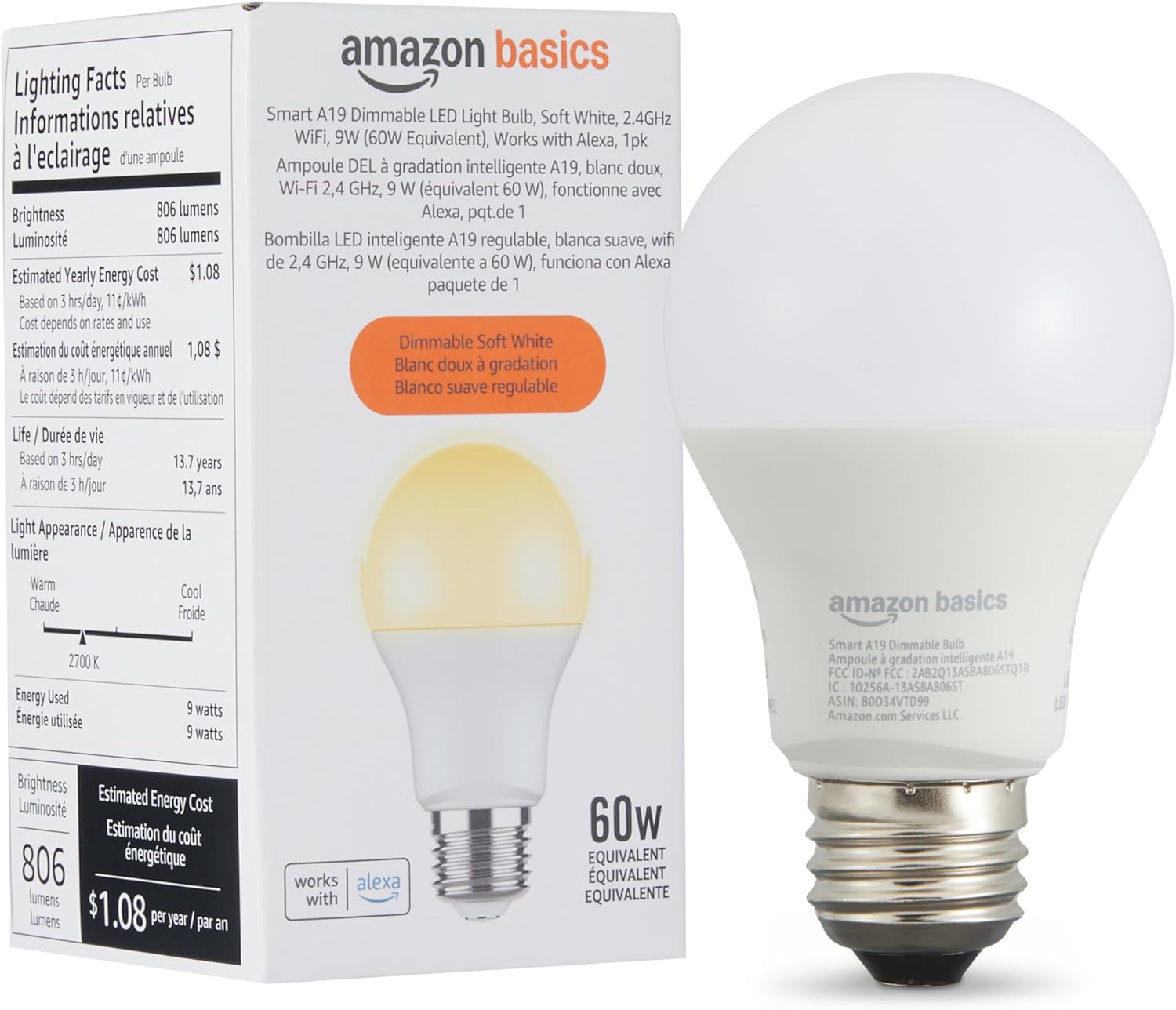 Smart A19 LED Light Bulb, Dimmable Soft White (2700K), 9W (60W Equivalent), 800LM, Works with Alexa Only, 2.4 GHz Wi-Fi, No Hub Required, 1 Pack Soft White 1 Pack