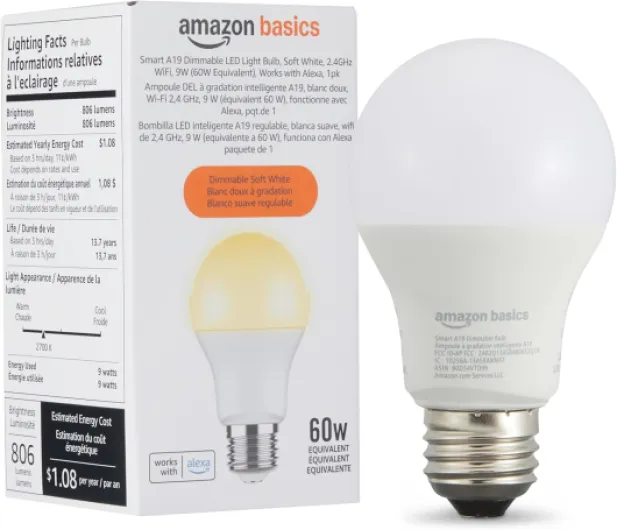 Smart A19 LED Light Bulb, Dimmable Soft White (2700K), 9W (60W Equivalent), 800LM, Works with Alexa Only, 2.4 GHz Wi-Fi, No Hub Required, 1 Pack Soft White 1 Pack