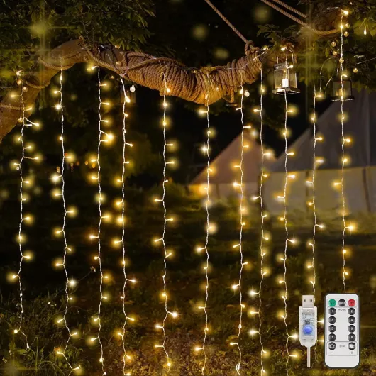 Curtain Lights for Bedroom, 200 Led Hanging String Light Outdoor, Fairy Curtain Lights Indoor for Christmas, Dorm, Wall, Backdrop, Window, Wedding, Party, Birthday Decor, Warm White Warm White USB-200 LED
