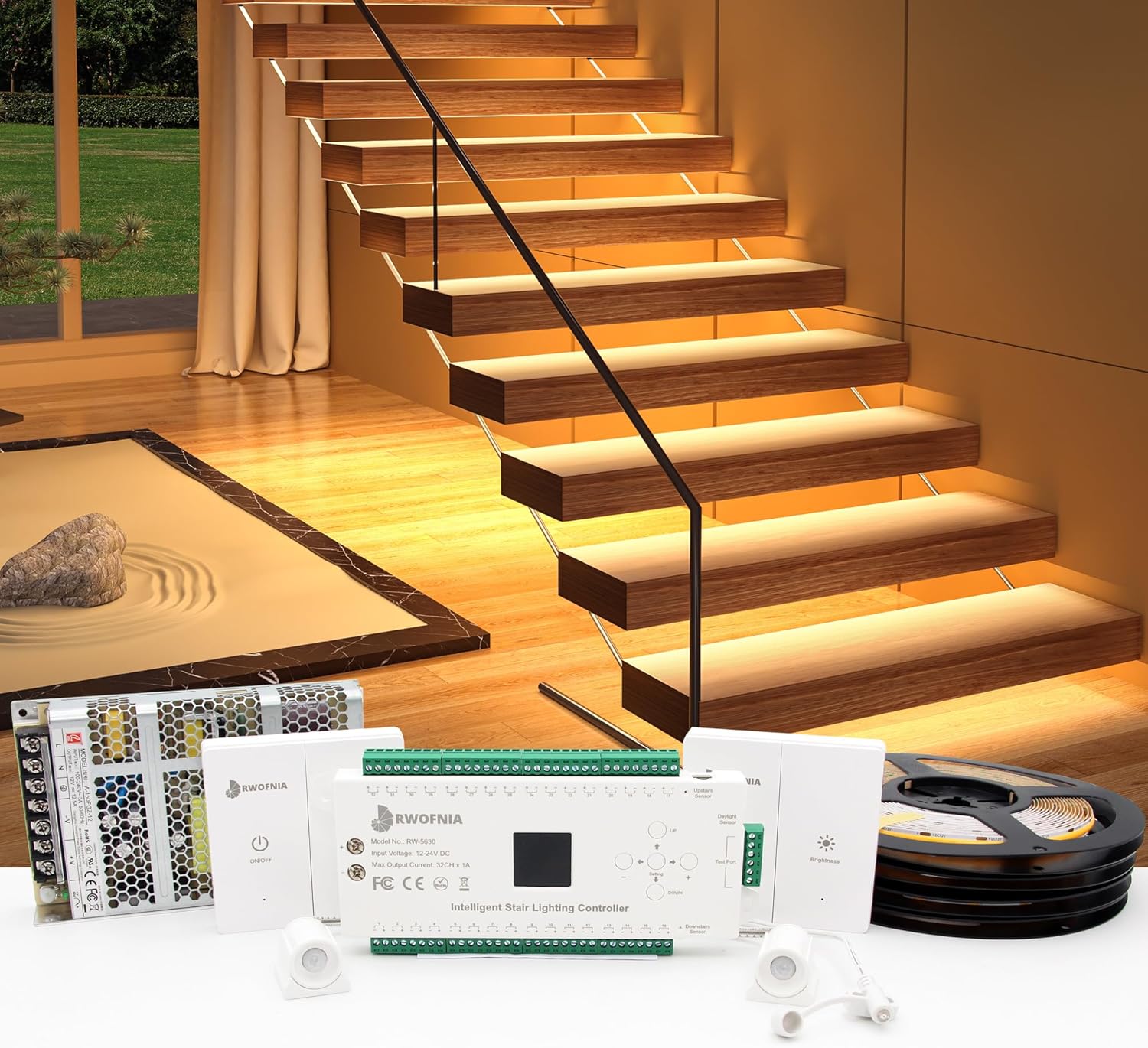 RW-5630 Motion-Activated LED Stair Lighting Kit with Daylight Sensor, 48" Warm White 3000K Cuttable Strip Light for Indoor LED Stair Lights (18 Steps)