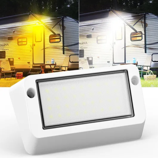 Aluminum RV LED Porch Light- Dual Color Switchable White & Amber, 1400LM Bright Outdoor Light, IP67 Waterproof 12-30V DC, for Campers, Trailers, Motorhomes (White Housing)- 1 Pack White-1 pack