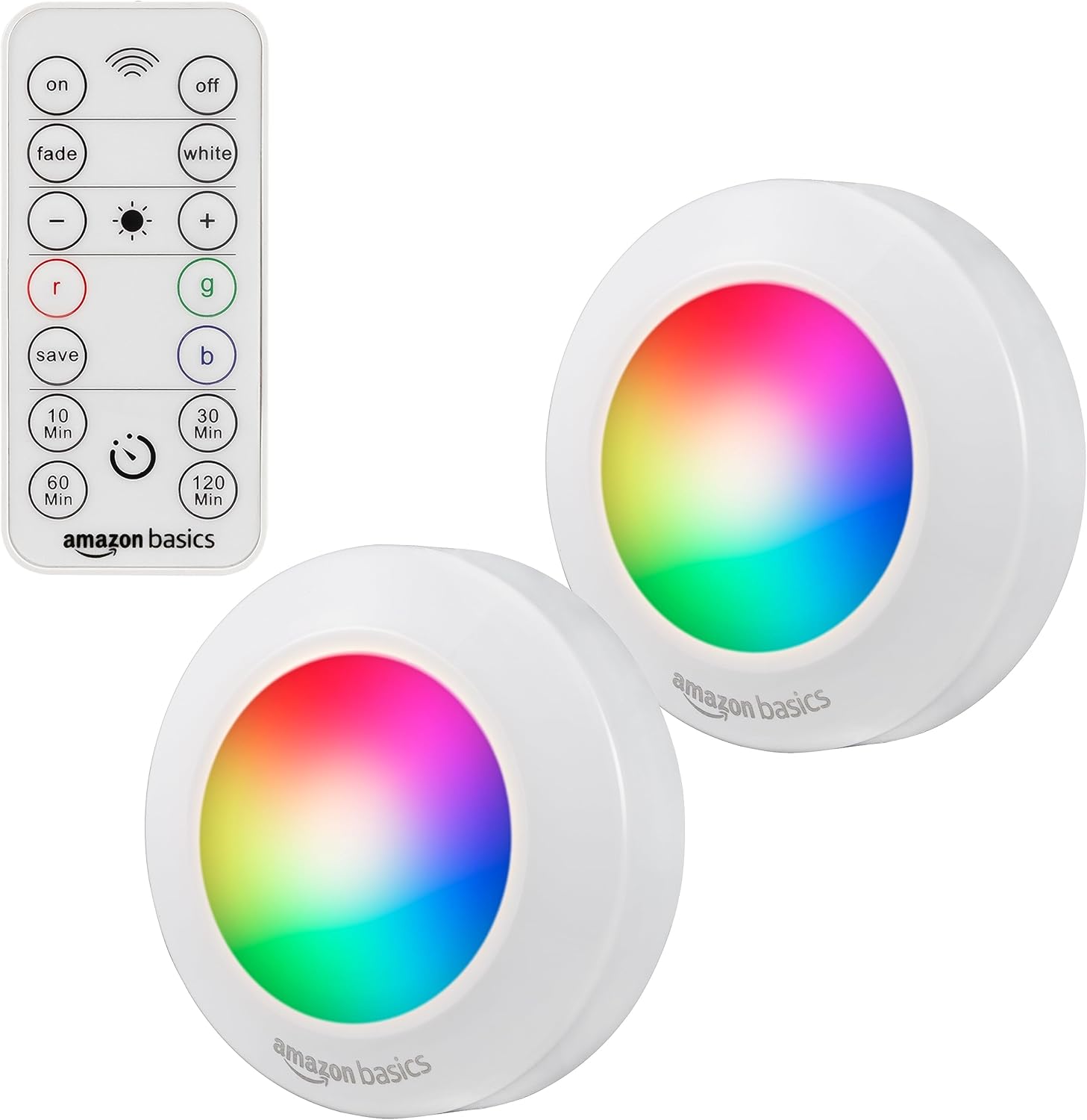 LED Puck Lights, Color Changing, Battery Operated, IR Remote, 40 Lumens, 2 Pack, Wireless Stick on Lights, Under Cabinet Lighting, Ideal for Closets, and More, White Motion Sensor Puck Light with IR Remote