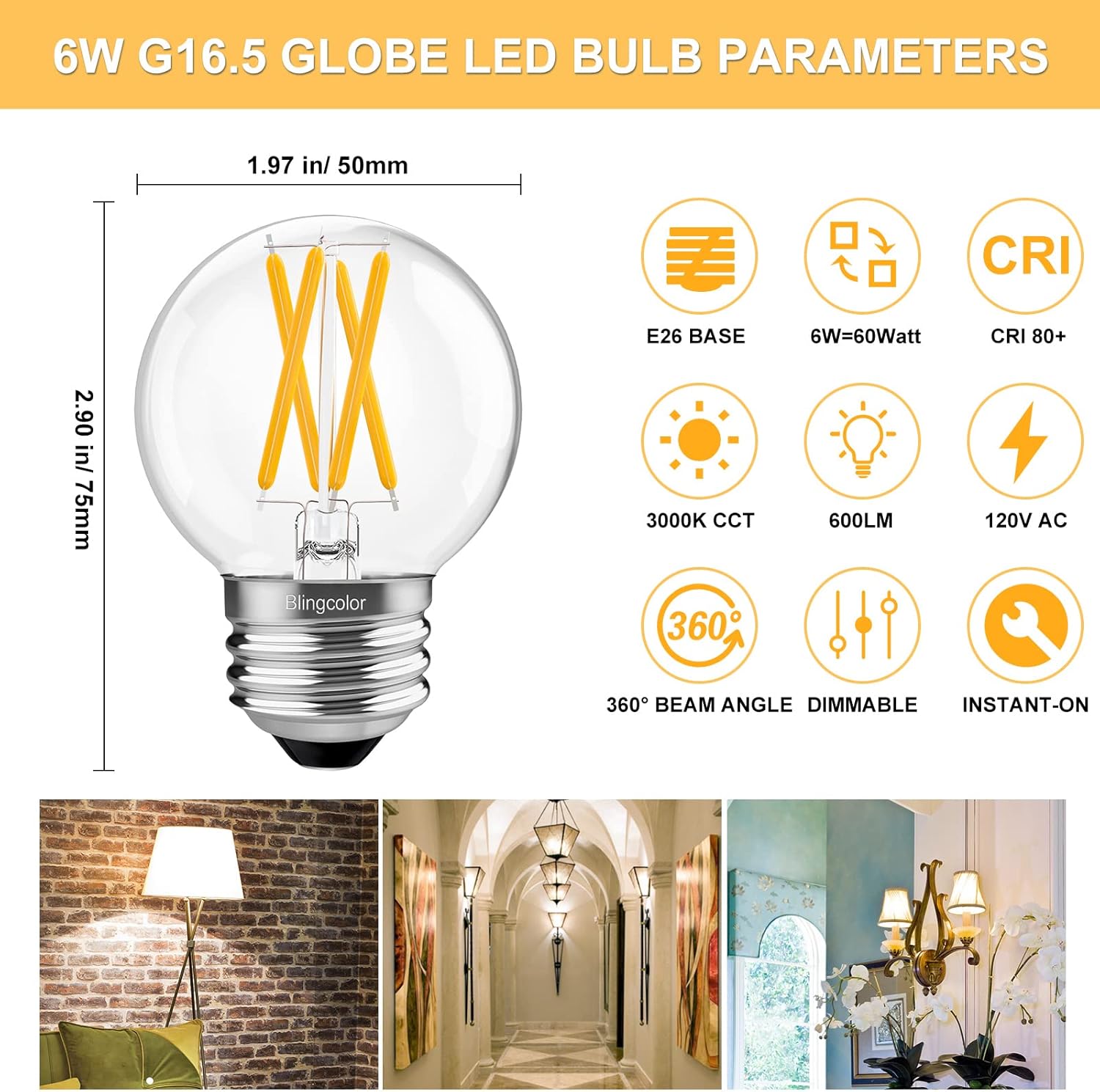 6 Pack Dimmable G16.5 LED Light Bulbs 60 Watt, E26 LED Bulbs 60 Watt Soft White 3000K, 6W E26 Globe LED Edison Small Light Bulb for Sputnik Chandelier, Vanity Lights, CRI80+, AC120V, 600lm E26--6w-3000k-soft White-clean