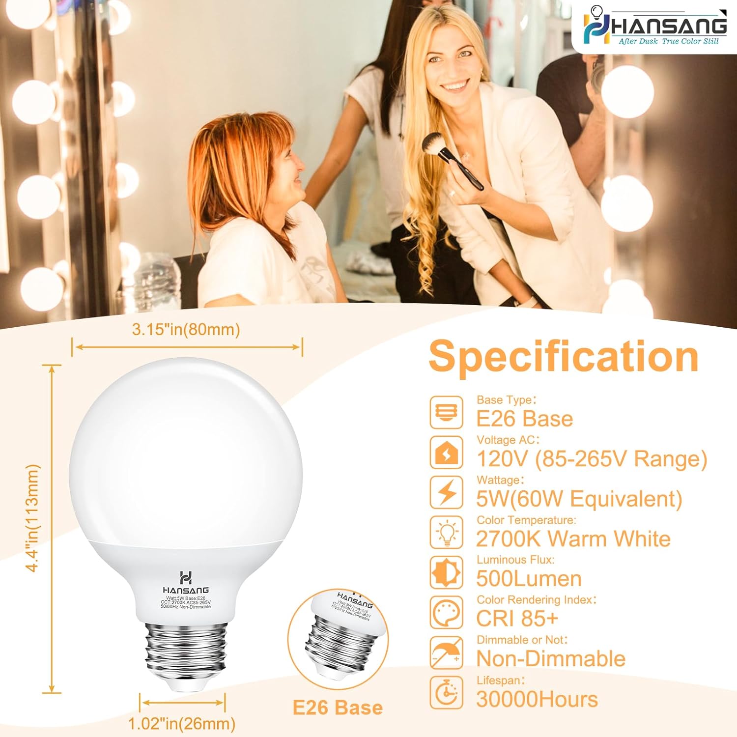 G25 LED Globe Light Bulbs, Bathroom Vanity Light Bulbs E26 Base Warm White 2700K for Bedroom Makeup Mirror Lights, 60W Equivalent(5W), 500LM Non-dimmable,4Pack 2700k(warm White) 4 Count (Pack of 1)