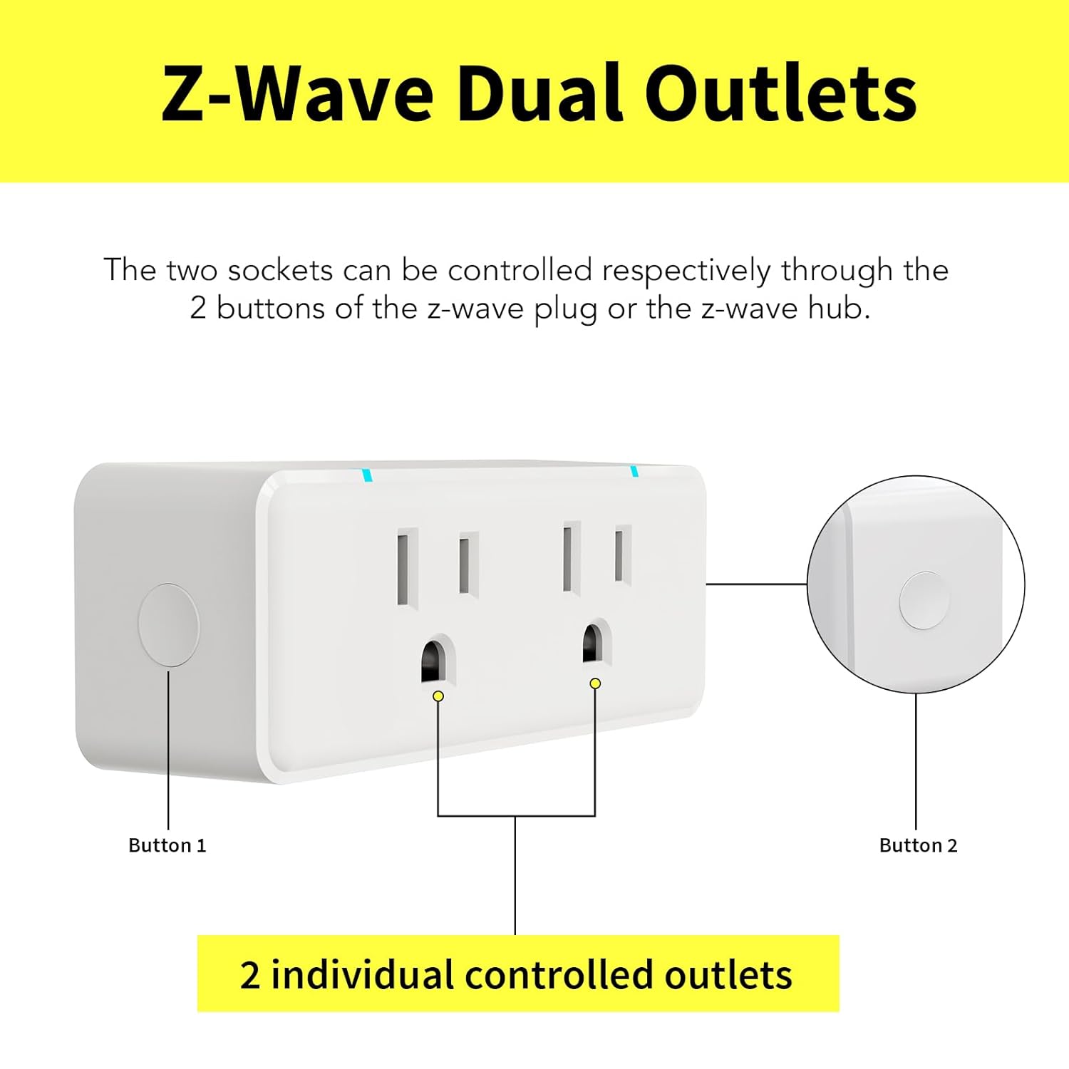 800 Series Zwave Dual Outlet Plug, On/Off Z-Wave Repeater Switch with 2 Individual Control Sockets, Hub Required, Z Wave LR Smart Plugs Compatible with SmartThings, Hubitat, Fibaro (MP26Z)
