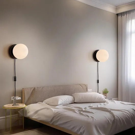 Modern Plug in Wall Sconces Set of 2, 1-Light Matte Black Sconce Wall Lighting Fixtures with Globe Milky White Glass Shade Cord with On Off Switch Wall Lamp for Living Room Bedroom Bathroom Black 2 Pack- Plug in
