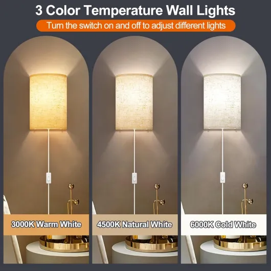 Plug in Wall Sconces Set of Two: Wall Lights with On/Off Switch - Stepless Color Temperature Wall Mount Lamps - Fabric Linen Wall Sconce for Bedroom Living Room & Hallway- Indoor Corded Wall Sconces Beige