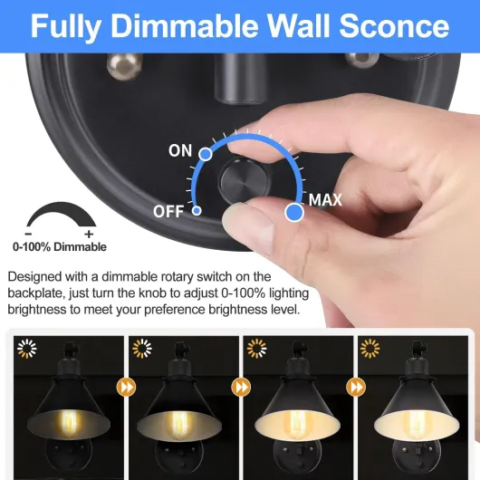 Wall Sconce Plug in, Dimmable Wall Sconce with Switch Swing Arm Wall Lights Plug in Wall Mounted Light Wall Sconces Lighting with 6FT Plug in Cord, E26 Base, UL Listed(Two Arms, 1 Pack) Black 1 Pack