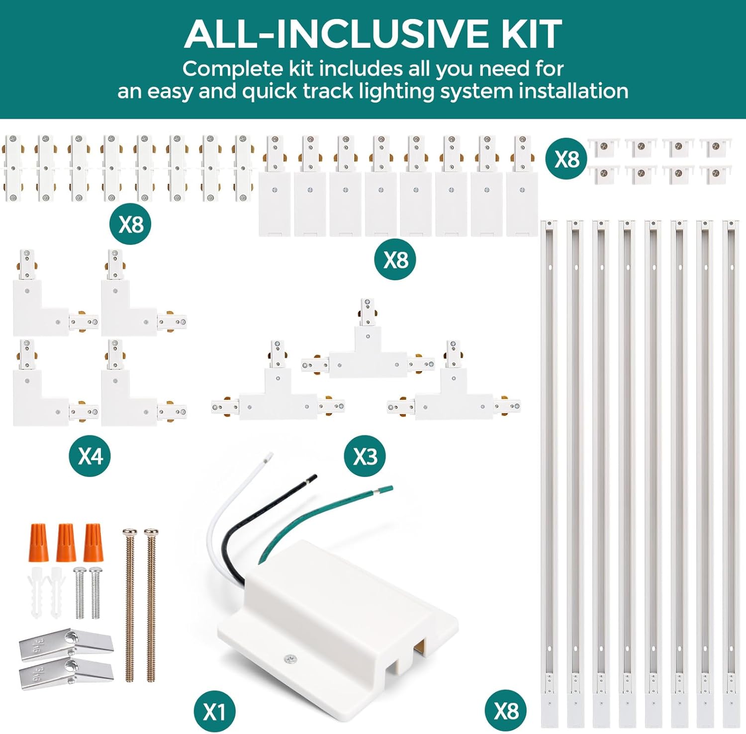 H Track Lighting Rails Kit - iCreating 26ft White Track Light Tracks 3 Wire with Floating Canopy Connector, I and L Connectors for Single Circuit H Type LED Tracks Lighting Heads Fixtures