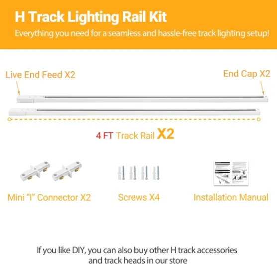 H Track Lghting Rails 8FT H Type Track Light Rails White H Track Rail Kit, End Caps & Live End Feed Connector Included, Compatible with Single Circuit 120V H Style Track System & Track Heads