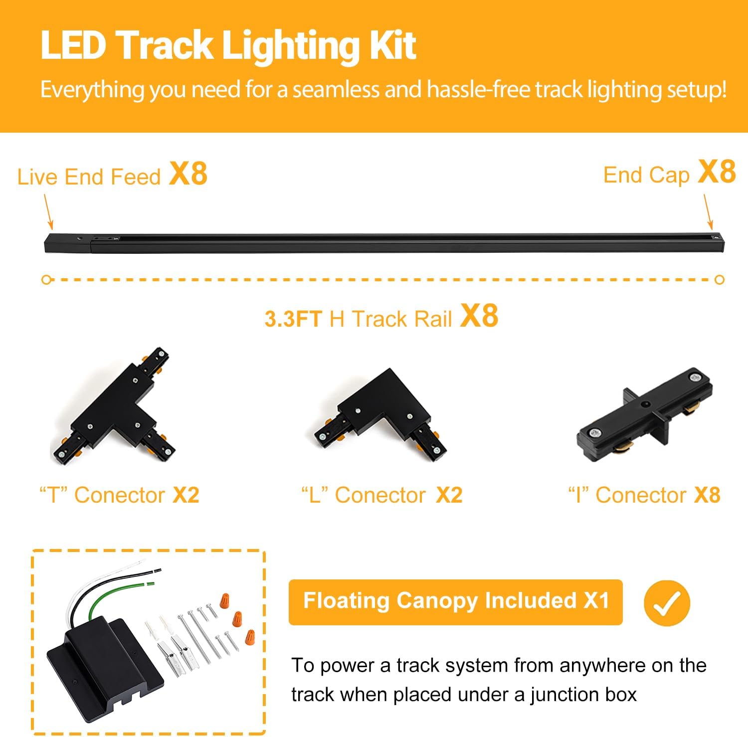 26FT H Track Lighting Rails Black, H Type Track Lighting Kit with Floating Canopy Connector, End Caps, Live End Feeds, I T & L Connectors, Compatible with Single Circuit H Style Track System 26FT with Floating Canopy Connector