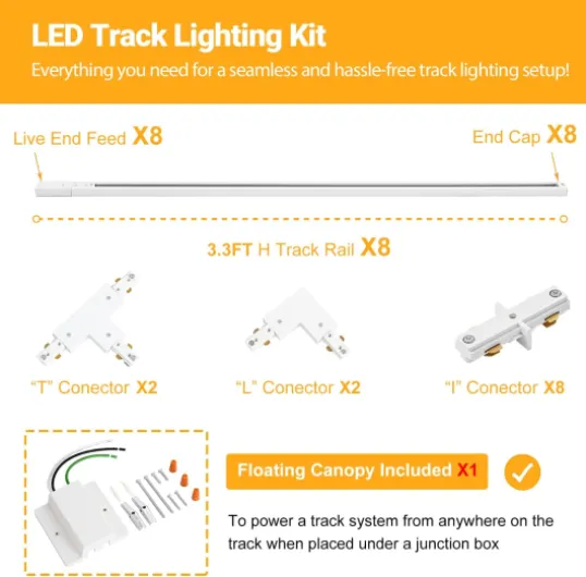 26FT H Track Lighting Rails White, H Type Track Lighting Kit with Floating Canopy Connector, End Caps, Live End Feeds, I T & L Connectors, Compatible with Single Circuit H Style Track System