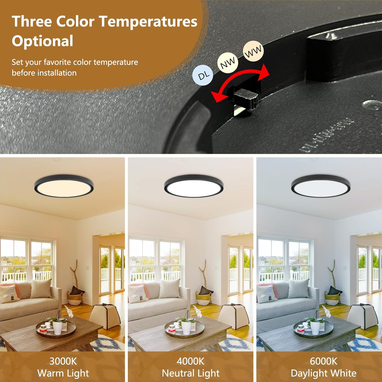 6PK 12 Inch Super Slim LED Flush Mount Ceiling Light, 24W, 2520LM, Selectable 3000K/4000K/6000K CCT, Low Profile Round Flat Panel Light for Bedroom, Kitchen, Hallway (Black) Black 6PK-12inch
