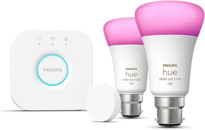 Philips Hue Starter Kit: Philips Hue Bridge + 2 A60 B22 Smart Bulb Spotlights + Button, White and Color Ambiance, Smart Lights Hub, Works with Apple Home, Amazon Alexa, Google Assistant, SmartThings