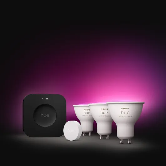 Philips Hue Starter Kit Bridge Pro + 3 GU10 Spotlights + Button, White and Colour Ambience Smart Bulbs, Smart Light Hub, Works with Apple Home, Amazon Alexa, Google Assistant, Samsung SmartThings Modern