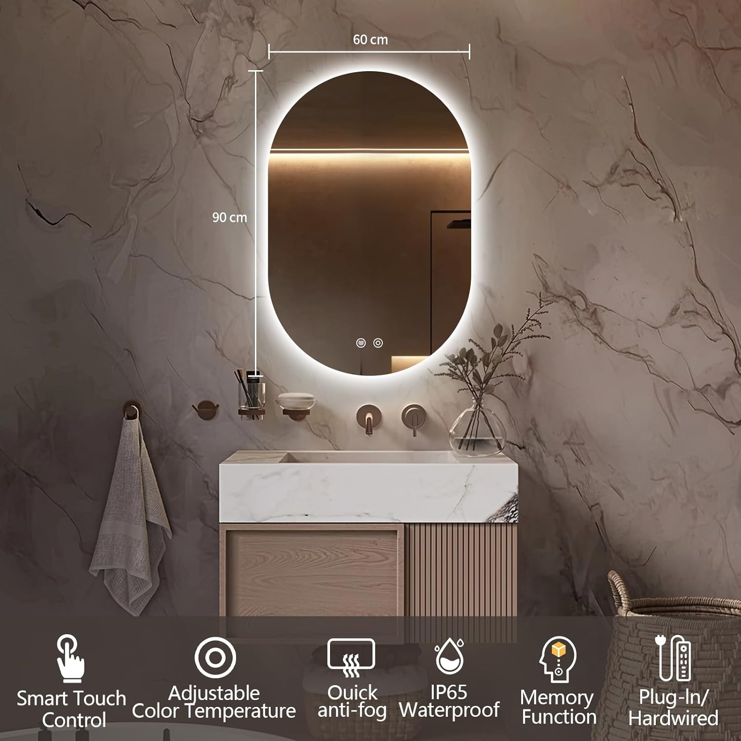BOLEN Oval LED Bathroom Vanity Mirror, 60x90cm Frameless Backlit Mirror with Light, Smart Anti-Fog Waterproof Mirror with Memory Function Dimmable Lighted Mirror Oval Frameless 90L x 60W cm