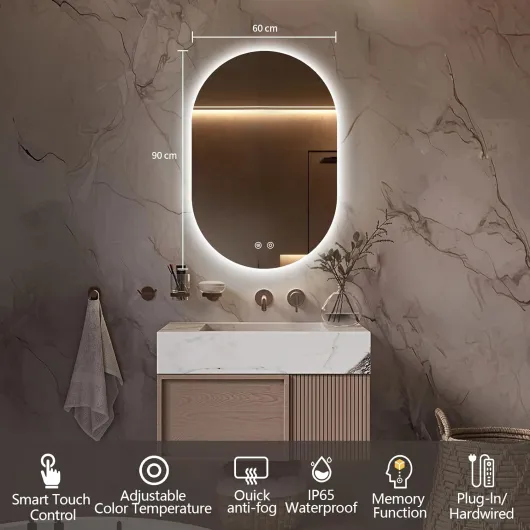 BOLEN Oval LED Bathroom Vanity Mirror, 60x90cm Frameless Backlit Mirror with Light, Smart Anti-Fog Waterproof Mirror with Memory Function Dimmable Lighted Mirror Oval Frameless 90L x 60W cm