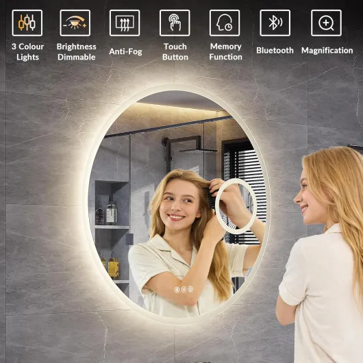 Bluetooth Round Bathroom Mirror with LED Lights, 80cm LED Bathroom Mirror Wall Mounted with 3x Magnifier, 3 Colors Dimmable, Demister Pad, Touch Switch & Memory Function, IP44 Bluetooth+magnifying+3 Colors 80L x 80W cm