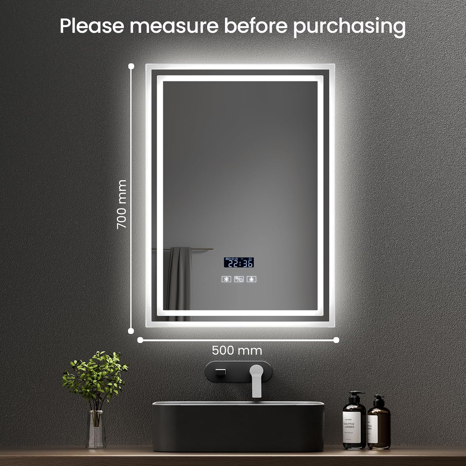 Bluetooth Bathroom Mirror with Lights and Shaver Socket, 50 x 70 cm Backlit Bathroom Mirror with LED Lights, Time Display/Bluetooth Speaker/Anti-fog/Dimmable, Vertical, IP44 Clock + Bluetooth + Socket + 3 Colour + Anti-fog 50L x 70W cm