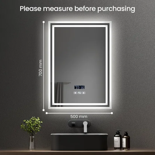 Bluetooth Bathroom Mirror with Lights and Shaver Socket, 50 x 70 cm Backlit Bathroom Mirror with LED Lights, Time Display/Bluetooth Speaker/Anti-fog/Dimmable, Vertical, IP44 Clock + Bluetooth + Socket + 3 Colour + Anti-fog 50L x 70W cm