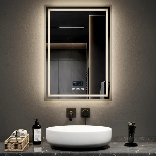 Bathroom Mirror with LED Lights 500 * 700MM, LED Bathroom Mirror with Demister Pad, Smart Vanity Mirror with Clock and Bluetooth, Wall Mounted Mirror with Shaver Socket, 3 Colors Dimmable Demister+shaver Socket+bluetooth+digital Display 50L x 70W cm