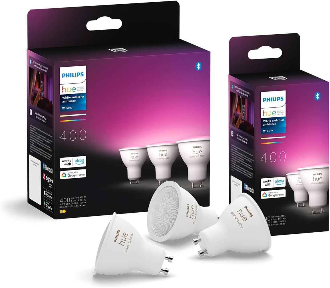 White & Color Ambiance GU10 LED Spot 5-Pack (400 lm), dimmable LED Lamps for the Hue Lighting System with 16 Million Colours, smart Light Control via Voice and app