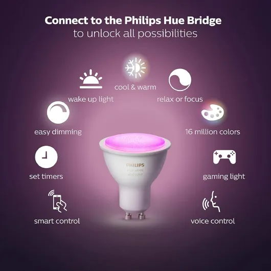 Starter Kit White and Colour Ambiance: 3x Smart LED Bulbs [GU10 Spot] Including 2x Hue Buttons + Bridge, Works with Alexa, Google Assistant and Apple HomeKit